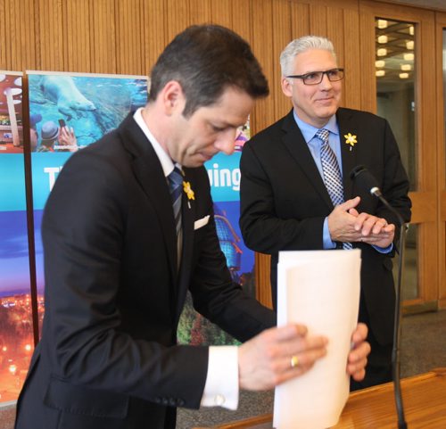 Mayor Brian Bowman welcomed new Chief Administrative Officer Doug McNeil -at a ceremony in the Mayors Office Foyer Tuesday morning- Standup Photo- Apr 07, 2015   (JOE BRYKSA / WINNIPEG FREE PRESS)