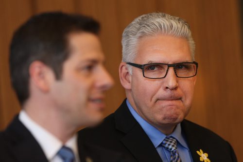 Mayor Brian Bowman welcomed new Chief Administrative Officer Doug McNeil -at a ceremony in the Mayors Office Foyer Tuesday morning- Standup Photo- Apr 07, 2015   (JOE BRYKSA / WINNIPEG FREE PRESS)