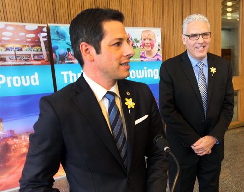 Mayor Brian Bowman welcomes New Chief Administrative Officer Doug McNeil -at a ceremony in the Mayors Office Foyer Tuesday morning- Standup Photo- Apr 07, 2015   (JOE BRYKSA / WINNIPEG FREE PRESS)