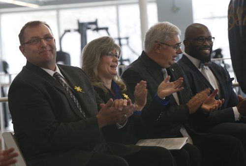From left, Peter Bjornson,  Minister of Education and Advanced Learning,  Shelly Glover, Minister of Canadian Heritage and Official Languages, David Barnard, president and Vice-Chancellor of the University of Manitoba and Israel Idonije, the former Chicago Bear who played his college football for the U of M Bisons at  the grand opening of the Active Living Centre on the University of Manitoba Fort Garry Campus Tuesday morning.Geoff Kirbyson  story.Wayne Glowacki/Winnipeg Free Press April 7 2015