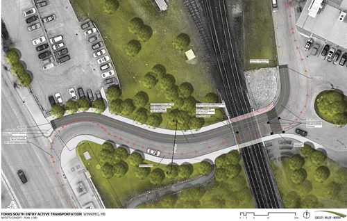 Artist rendition. ATTACHMENT  shows: The route of a raised-from-street level bike path at the Main Street south entrance to The Forks that will  also include a separate walkway that can accommodate strollers and wheelchairs. The $160,000 entrance work is the first phase of a designated bike path still in the planning that will eventually wind its way through The Forks connecting Osborne Village with St. Boniface. Provided by the Forks North Portage Development For The Winnipeg Free Press