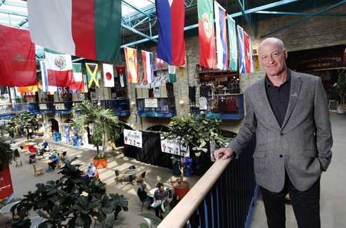 Paul Jordan, CEO of The Forks Renewal Corporation is leading a reinvention of the food hall that will welcome and make getting involved easier for young chefs. On the main floor to the left of Paul are several food outlet locations in the centre court that will be part of the new plan. Gord Sinclair story.Wayne Glowacki/Winnipeg Free Press April 8 2015