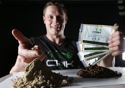 Stony Mountain entrepreneur/fitness buff Alex Drysdale holds a dehydrated cricket, the main ingredient in his product called CRIK Nutrition protein powder. Murray McNeill story.Wayne Glowacki/Winnipeg Free Press April 8 2015