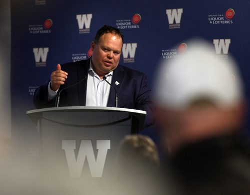 Winnipeg Blue Bomber CEO Wade Miller adresses the hundred or so "fans" at the team's annual "Fan Forum" at Investor's Group Stadium Wednesday evening. See Paul Wiecek's story. April 8, 2015 - (Phil Hossack / Winnipeg Free Press)