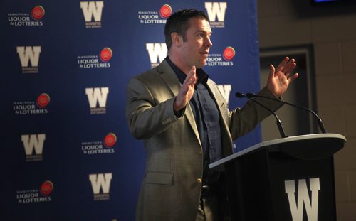 Winnipeg Blue Bomber General Manager Kyle Walters adresses the hundred or so "fans" at the team's annual "Fan Forum" at Investor's Group Stadium Wednesday evening. See Paul Wiecek's story. April 8, 2015 - (Phil Hossack / Winnipeg Free Press)