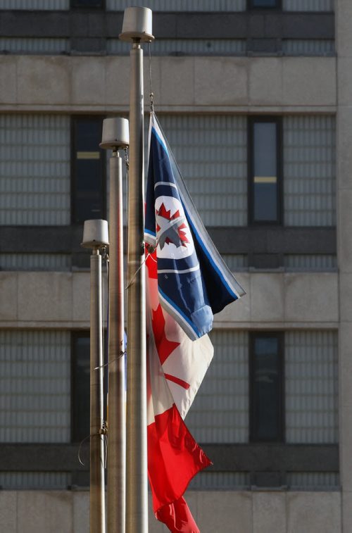 Jets flag flying at City Hall today- Standup Photo- Apr 09, 2015   (JOE BRYKSA / WINNIPEG FREE PRESS)