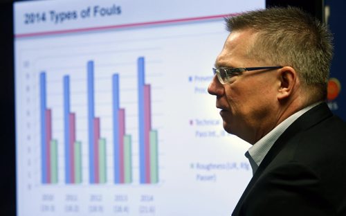 CFL director of officiating Glen Johnson gave a tutorial and answered questions in the IGF media room Thursday on the new rule changes the league adopted on Wed. The graph show fouls for the years from 2010 at left through to the 2014 season. Paul Wiecek story Wayne Glowacki/Winnipeg Free Press April 9 2015