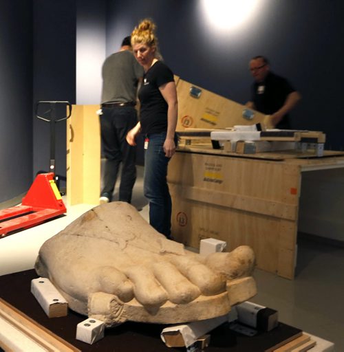 The sandaled foot that belonged to a colossal, nine-metre high statue of a seated female goddess was uncrated Thursday, it is  one of the highlights of the Olympus: The Greco-Roman Collections of Berlin that includes over 160 ancient Greek and Roman treasures from the Staatliche Museen zu Berlin  Preußischer Kulturbesitz (National Museums in Berlin - Prussian Cultural Heritage). The exhibit opens on April 26. Wayne Glowacki/Winnipeg Free Press April 9 2015
