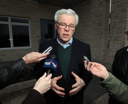 Premier Greg Selinger speaks at a scrum in front of St Benedict's Monastery north of Winnipeg Thursday afternoon where the Party held a day long retreat to heal rifts. See Bruce Owen story. April 9, 2015 - (Phil Hossack / Winnipeg Free Press)