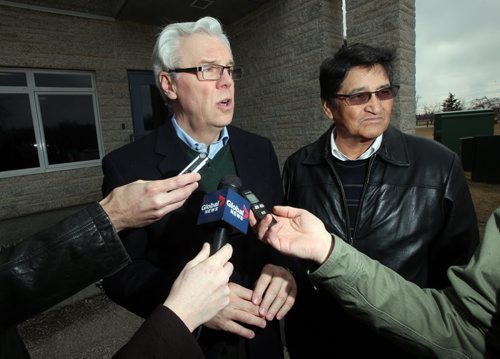 Premier Greg Selinger and his right hand man Ovid Mercredi scrum in front of St Benedict's Monastery north of Winnipeg Thursday afternoon where the Party held a day long retreat to heal rifts. See Bruce Owen story. April 9, 2015 - (Phil Hossack / Winnipeg Free Press)