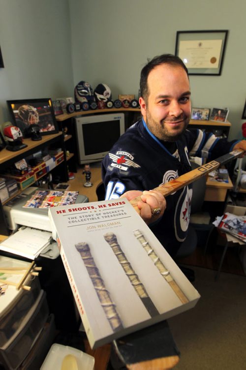 49.8 INTERSECTION - Jon Waldman / He Shoots. This is for an Intersection piece on Jon, who just authored the book He Shoots, He Saves... which examines the world of hockey collectibles from fans and NHLers points of view; through the years Jon has interviewed dozens of NHL stars about what they collect - or collected - from their playing days. Those stories and more are in his new book. Dave Sanderson story. BORIS MINKEVICH/WINNIPEG FREE PRESS APRIL 9, 2015