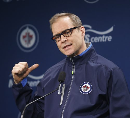 Winnipeg Jets Head Coach Paul Maurice speaks to media Friday. Tim Campbell story. Wayne Glowacki/Winnipeg Free Press April 10 2015