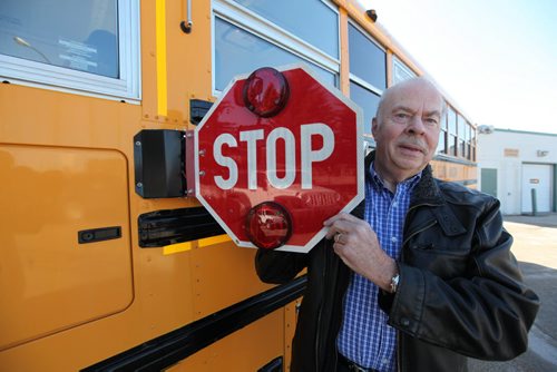 Keith Thomas, retiring soon as risk manager of the Manitoba School Boards Association was partly responsible for implementing safety measures on buses and playgrounds to keep kids safe.  Some of the things he help implement are, safety arms on buses,  Stop signs on buses and soft ground cover under play structures.  See Nick Martin story.  Ruth Bonneville / Winnipeg Free Press March 26, 2015