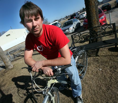 Andriy Chuprov had his bike stolen - finds it on Kijiji, meets with guy and gets it back. See Jenna Dulewich story and photo of the culprit Andriy emailed to fpphoto. April 10, 2015 - (Phil Hossack / Winnipeg Free Press)
