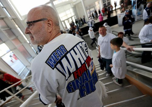 "I've had this in my closet for 19 years." Bob Payea for Bill Redekop Streeter at Winnipeg Jets game, Saturday, April 11, 2015. (TREVOR HAGAN/WINNIPEG FREE PRESS)