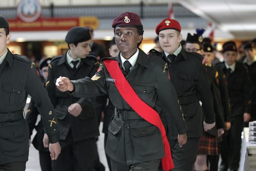 Army cadets from cross Manitoba take part in a commemorative parade at Minto Armoury Saturday for the 98th anniversary of the battle of Vimy Ridge    Ruth Bonneville / Winnipeg Free Press March 26, 2015