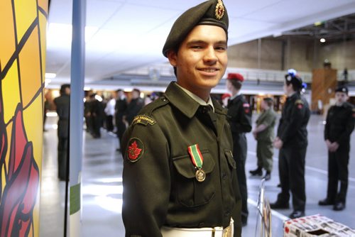 Army cadet Dalton McKay of Cross Lake received his 4 year service medal during commemorative parade at Minto Armoury Saturday for the 98th anniversary of the battle of Vimy Ridge  See Bill Redekop photo    Ruth Bonneville / Winnipeg Free Press March 26, 2015