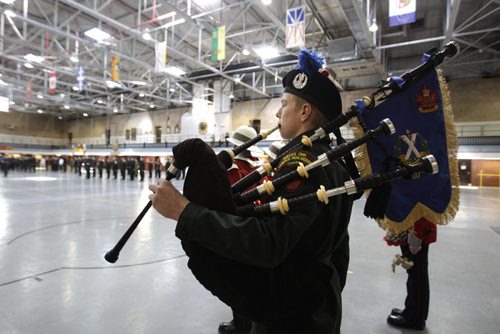 Army cadets from cross Manitoba take part in a commemorative parade at Minto Armoury Saturday for the 98th anniversary of the battle of Vimy Ridge.  Last name of bagpiper is Graham.     Ruth Bonneville / Winnipeg Free Press March 26, 2015