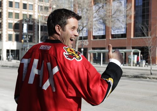 Winnipeg Jets fan Claude Tremorin wears a Calgary Flames jersey with THX (Thanks) on the back of it  to thank the Flames for helping the Wpg Jets make it into  the playoffs Saturday afternoon.   Ruth Bonneville / Winnipeg Free Press March 26, 2015
