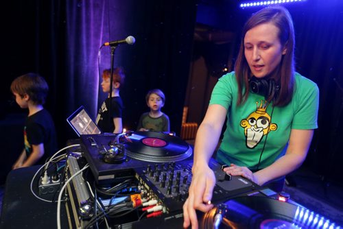 Sarah Michaelson, aka DJ Mama Cutsworth at her Family Dance Party at Good Will Social Club for Dave Sanderson 49.8 piece, Sunday, April 12, 2015. (TREVOR HAGAN/WINNIPEG FREE PRESS)