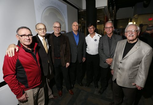 In attendance at the Manitoba Hockey Hall of Fame induction news conference Monday from left, Al Hares, Builder, Gerry Varnes, Official, Scott Oake, Media, Cam Connor,Player, Ken Hrycyk , the Captain representing the 1979-1980 Transcona Railers, Clark Tweed, a former player 1975-76 Deloraine Royals and  Del Murray a former player on the 1953-54 Dauphin Kings.  Melissa Martin story.Wayne Glowacki/Winnipeg Free Press April 13 2015