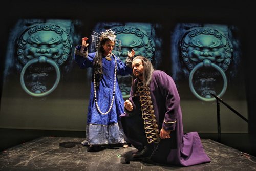 A scene from Manitoba Opera's production of Turandot, the Puccini opera which opens Saturday April 18th. Russian soprano Mlada Khudoley as the title character Turandot and Raul Melo as Prince Calaf.  150414 April 14, 2015 Mike Deal / Winnipeg Free Press