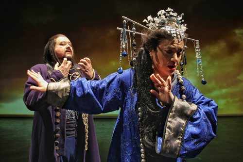 A scene from Manitoba Opera's production of Turandot, the Puccini opera which opens Saturday April 18th. Russian soprano Mlada Khudoley as the title character Turandot and Raul Melo as Prince Calaf.  150414 April 14, 2015 Mike Deal / Winnipeg Free Press