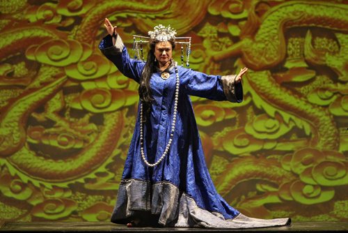 A scene from Manitoba Opera's production of Turandot, the Puccini opera which opens Saturday April 18th. Russian soprano Mlada Khudoley as the title character Turandot.  150414 April 14, 2015 Mike Deal / Winnipeg Free Press