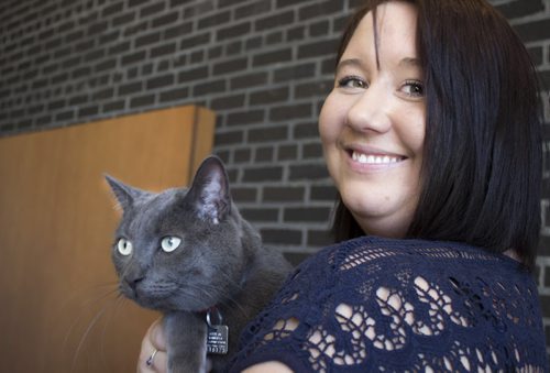 Amy Palmquist's prized pet, Chandler, was deemed Winnipeg's #1 Cat Tuesday at City Hall. The Russian Blue cat beat out 58 other entrants in a contest put on by the City of Winnipeg to promote cat licensing.  April 14, 2015 (Jessica Botelho-Urbanski/Winnipeg Free Press)