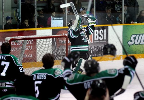 Portage Terriers netminder #35 Justin Laforest thanks his higher power after the Terriers prevailed 4-3 over the Steinbach Pistons Tuesday evening in Steinbach. See Melissa Martin's story. April 14, 2015 - (Phil Hossack / Winnipeg Free Press)