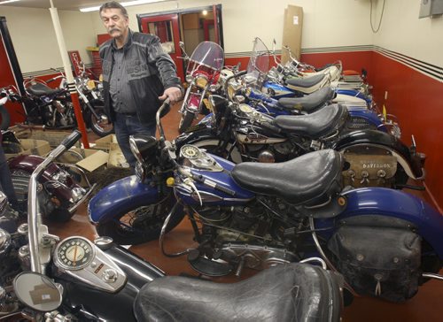 Morden, Manitoba- Gaslight Harley Davidson's Rudy Ens has a collection of 20 vintage Harleys - Ens  with extensive collection of vintage Harley Davidson motorcycles-See Bill Redekop story- A pr 14, 2015   (JOE BRYKSA / WINNIPEG FREE PRESS)