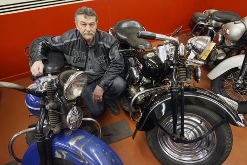 Morden, Manitoba- Gaslight Harley Davidson's Rudy Ens has a collection of 20 vintage Harleys - Ens  with his favorite vintage Harley the 1947 Knuclehead 74-See Bill Redekop story- A pr 14, 2015   (JOE BRYKSA / WINNIPEG FREE PRESS)