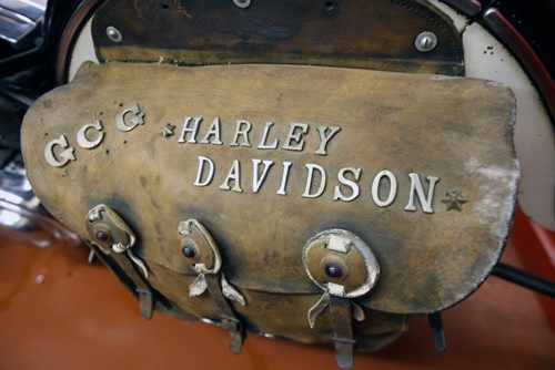 Morden, Manitoba- Gaslight Harley Davidson's Rudy Ens has a collection of 20 vintage Harleys -  Saddle bag on 1940 Flathead 80  -See Bill Redekop story- Apr 14, 2015   (JOE BRYKSA / WINNIPEG FREE PRESS)