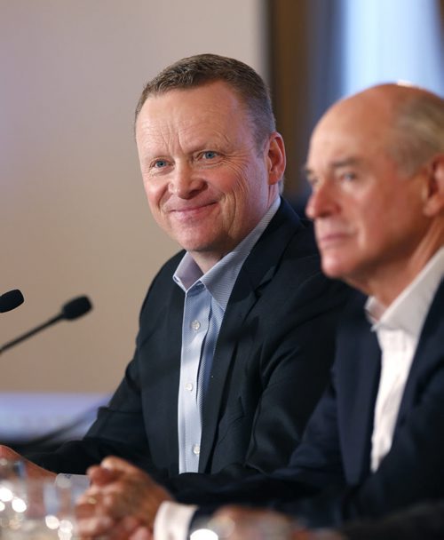 Karl Gerrand, pres. and CEO G3 at left and Ian White CWB pres.and CEO at the news conference in Winnipeg Wednesday to give an update on the commercialization process for CWB.  Martin Cash story Wayne Glowacki/Winnipeg Free Press April 15 2015