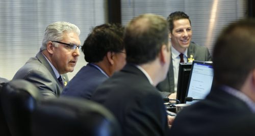 At left, new City of Winnipeg CAO Doug McNeil with Mayor Brian Bowman at the EPC meeting Wednesday morning. Aldo Santin story Wayne Glowacki/Winnipeg Free Press April 15 2015