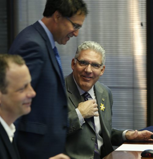 From right, new City of Winnipeg CAO Doug McNeil with Councillors Marty Morantz and John Orlikow at the EPC meeting Wednesday morning. Aldo Santin story Wayne Glowacki/Winnipeg Free Press April 15 2015