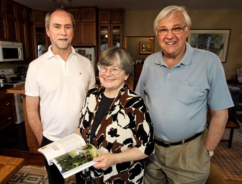 Writer Doug Whiteway (left) with Heartland Associates publishers, Barbara Huck (centre), and Peter St. John (right), have put together some groundbreaking research on the environmental roots that shape Manitoba. 150415 April 15, 2015 Mike Deal / Winnipeg Free Press