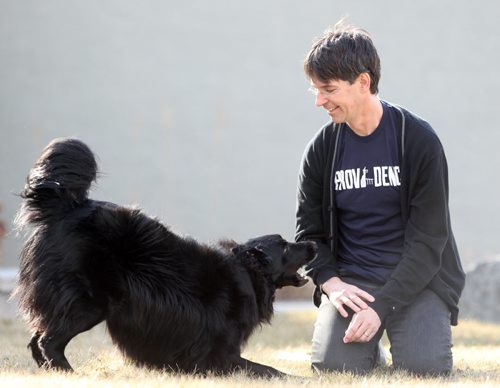 Michael Gilmour and his dog, professor at Providence University appointed fellow Oxford Centre for Animal Ethics - See Brenda Suderman story - Apr 16, 2015   (JOE BRYKSA / WINNIPEG FREE PRESS)
