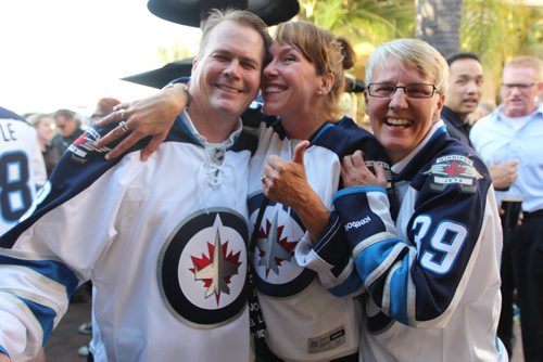 (From L-R) Ryan McGee, Gail Campbell and Trish Jordan are all smiles in Sunny Anahiem ahead of Game 1 between the Winnipeg Jets