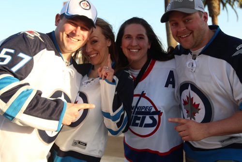 (From L-R) Kevin Woloshyn, Courtney McKnight, Ashlee Snell and Rylan Young pose in front of the Honda Centre.