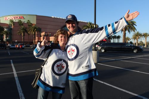Buzz Pedersen and Ronda Diamond in front of the Honda Centre to see the Jets play the Anaheim Ducks Game one.