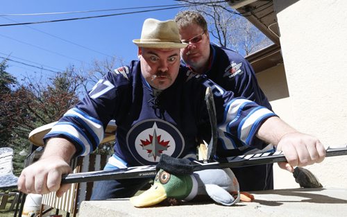In front, Big Daddy Tazz and Doug Speirs "tenderize before they cook up some duck"  for  the Winnipeg Jets Stanley Cup series against the Anaheim Ducks.  For Doug Speirs video/column Wayne Glowacki/Winnipeg Free Press April 17  2015