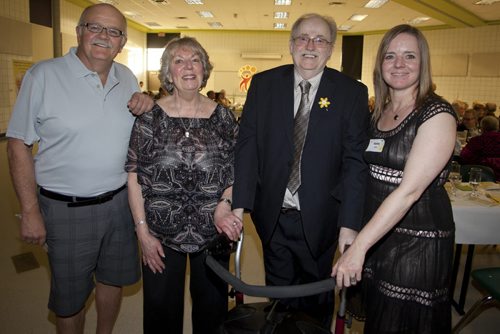 Pembina Active Living (PAL) held its annual fundraising dinner on April 14, 2015 at the Manitoba Institute of Technology and Trades (MITT). PAL is a 55-plus organization committed to enhancing the lives of older adults in the southern areas of the city. Pictured, from left, are event MC Tom Milroy (CJOB), Nancy Gajdosik (PAL dinner committee), Bob Newman (PAL president) and Alanna Jones (PAL executive director). (JOHN JOHNSTON / WINNIPEG FREE PRESS)