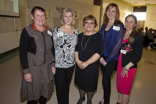 Pembina Active Living (PAL) held its annual fundraising dinner on April 14, 2015 at the Manitoba Institute of Technology and Trades (MITT). PAL is a 55-plus organization committed to enhancing the lives of older adults in the southern areas of the city. Pictured, from left, are Jeanette Edwards, Lynne Jamault-Crocker, Madeline Kohut, Kathy Henderson and Amanda Younka. (JOHN JOHNSTON / WINNIPEG FREE PRESS)