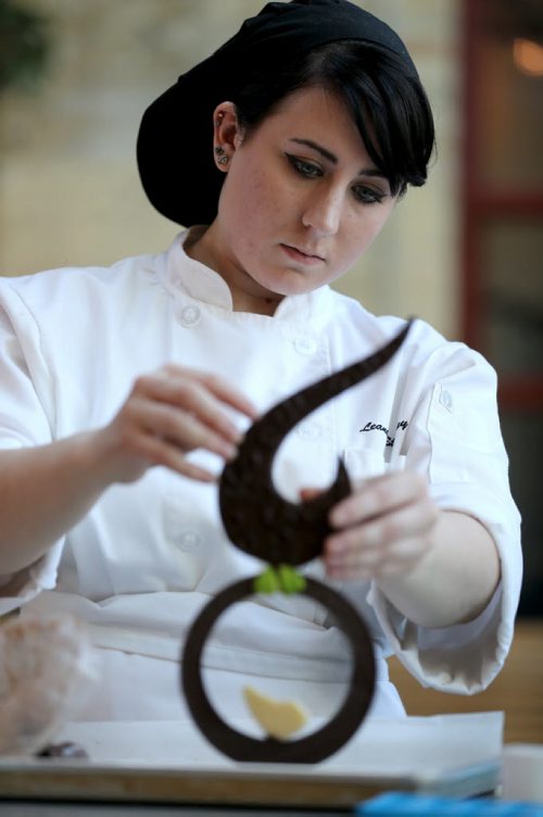 Leandra Starkey, 20, a student at the Louis Riel Arts and Technology Centre Baking and Pastry Arts program, participating in a small competition during Chocolatefest at The Forks, Saturday, April 18, 2015. Students in the program learn a wide range of baking techniques as well as intro to chocolate. (TREVOR HAGAN/WINNIPEG FREE PRESS)
