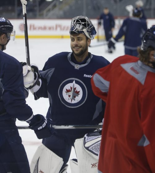 Winnipeg Jets goaltender Ondrej Pavelec at the end of the practice in the MTS Centre Monday morning. Winnipeg Jets  face the Anaheim Ducks Monday night in Game 3 of their Western Conference First Round series.Wayne Glowacki/Winnipeg Free Press April 20 2015