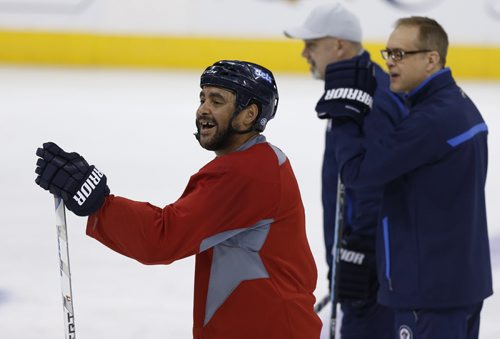 Winnipeg Jets Dustin Byfuglien and Head Coach Paul Maurice at the practice in the MTS Centre Monday morning. Winnipeg Jets  face the Anaheim Ducks Monday night in Game 3 of their Western Conference First Round series.Wayne Glowacki/Winnipeg Free Press April 20 2015