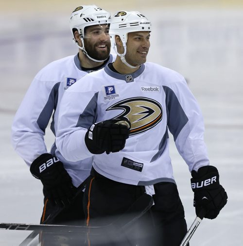 Anaheim Ducks players Ryan Getzlaf,right, and Patrick Maroon at the team practice in the MTS Centre Monday morning. Winnipeg Jets  face the Anaheim Ducks Monday night in Game 3 of their Western Conference First Round series.Wayne Glowacki/Winnipeg Free Press April 20 2015