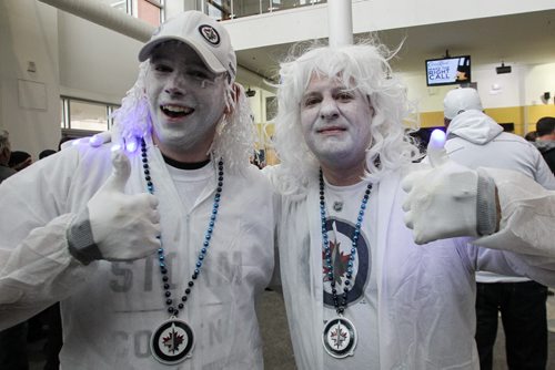 Mike Reid (left) and Paul Leaden (right) arrive prior the to third game of the Stanley Cup playoff series between the Winnipeg Jets and the Anaheim Ducks at MTS Centre in Winnipeg, Manitoba. 150420 - Monday, April 20, 2015 -  (MIKE DEAL / WINNIPEG FREE PRESS)