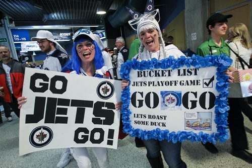 Heather Buchanan (left) and Anne Cavers (right) prior the to third game of the Stanley Cup playoff series between the Winnipeg Jets and the Anaheim Ducks at MTS Centre in Winnipeg, Manitoba. 150420 - Monday, April 20, 2015 -  (MIKE DEAL / WINNIPEG FREE PRESS)